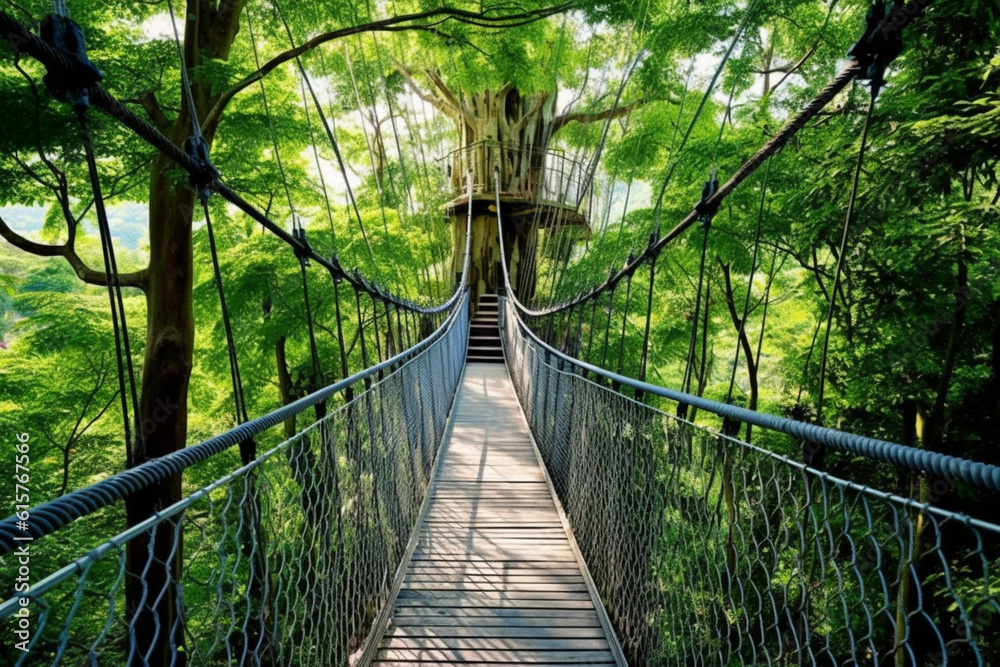 Forest canopy walkway providing an immersive experience in nature, Natural climate solutions, nature background Generative AI