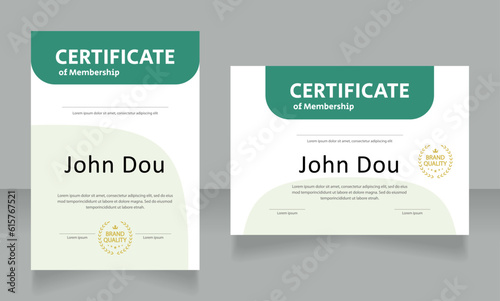 Membership certificate design templates set. Vector diploma with customized copyspace and borders. Printable document for awards and recognition. Calibri Regular, Arial Bold, Myriad Pro fonts used