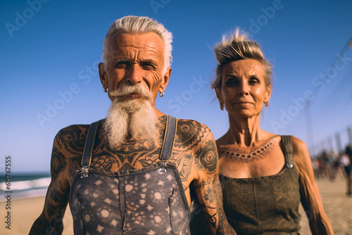 Fiction mature couple with tattoos on the body on the beach  AI Generated character 
