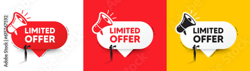 Limited offer tag. Speech bubble with megaphone and woman silhouette. Special promo sign. Sale promotion symbol. Limited offer chat speech message. Woman with megaphone. Vector