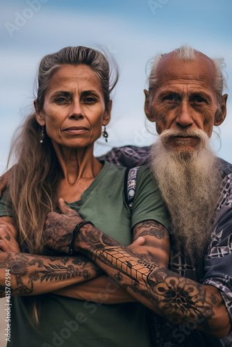 Fiction mature couple with tattoos on the body on the beach AI Generated character 