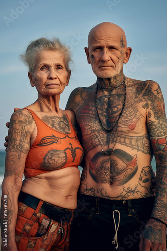 Fiction mature couple with tattoos on the body on the beach AI Generated character 
