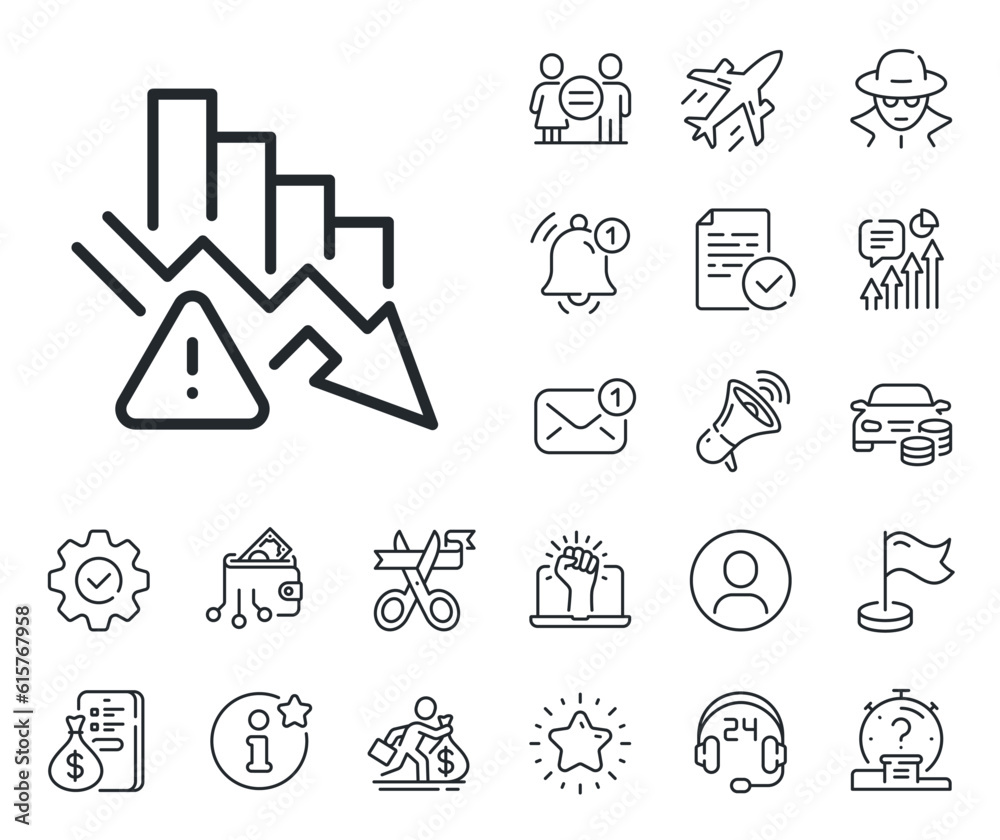 Fototapeta premium Economic crisis sign. Salaryman, gender equality and alert bell outline icons. Deflation line icon. Income reduction symbol. Deflation line sign. Spy or profile placeholder icon. Vector