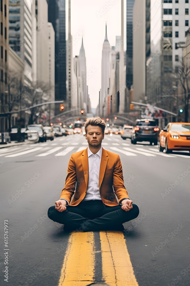 Young businessman handling stress by meditating in the middle of a busy New York street. Mindfulness and yoga in urban cities. Generative AI.