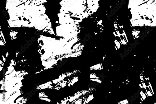 Grunge background is black and white. Vector texture of dirt, dust, chips, cracks. Chaotic vintage city wall template. Noise, debris on the surface