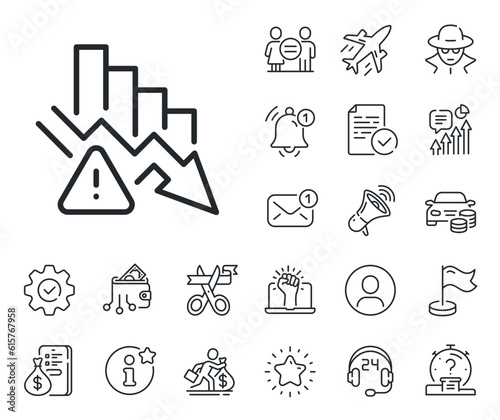 Economic crisis sign. Salaryman, gender equality and alert bell outline icons. Deflation line icon. Income reduction symbol. Deflation line sign. Spy or profile placeholder icon. Vector