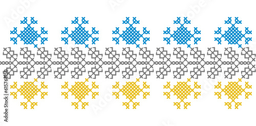 Ukrainian vector seamless decorative border pattern in blue and yellow colors. Pixel art, embroidery, vyshyvanka, cross stitch