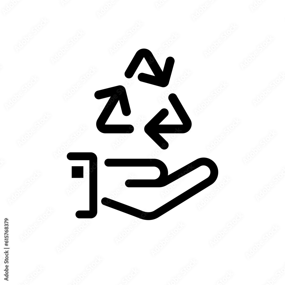 Recycle icon, minimal style black line. Recycle symbol in hand human. Protection planet environment. Vector illustration flat design. Isolated on white background. Save nature. Eco friendly. Recycle icon, minimal style black line. Recycle symbol in hand human. Protection planet environment. Vector illustration flat design. Isolated on white background. Save nature. Eco friendly.