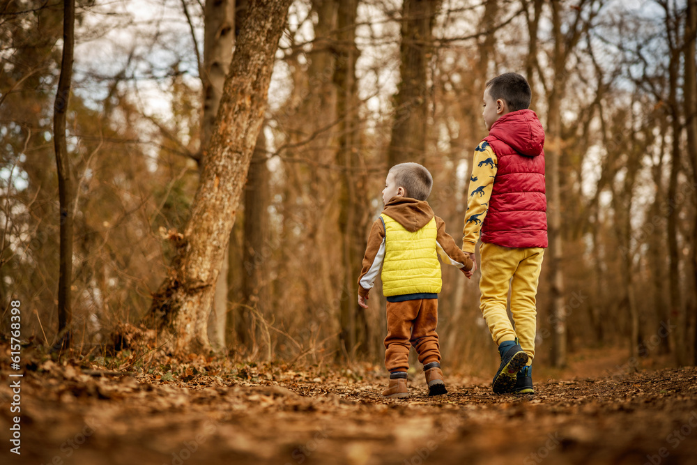 Children hiking in forest