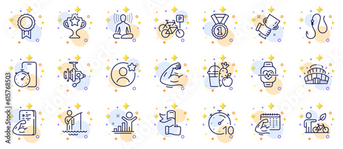 Outline set of Eco bike, Fishing reel and Timer line icons for web app. Include Fisherman, Timer app, Reward pictogram icons. Best friend, Cardio training, Victory signs. Winner cup. Vector