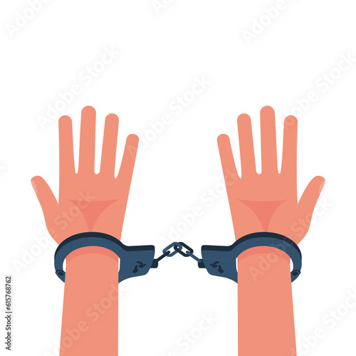 Hands in handcuffs. Human in jail. Prisoner concept. Vector illustration flat design. Cartoon style. Arrest of a person. Isolated on white background. Criminal behind bars.