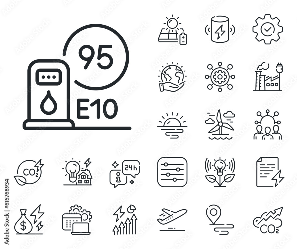 Filling station sign. Energy, Co2 exhaust and solar panel outline icons. Petrol station line icon. E10 petroleum fuel symbol. Petrol station line sign. Eco electric or wind power icon. Vector