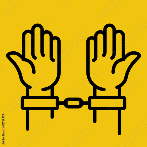 Hands in handcuffs black line icon. Human in jail. Prisoner concept. Vector illustration flat design. Cartoon style. Arrest of a person. Isolated on white background. Criminal behind bars.
