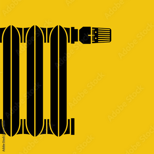 Thermostat controller in the house black icon. Heating thermostat. Adjusting radiator temperature. Vector illustration flat design. Isolated on yellow background.