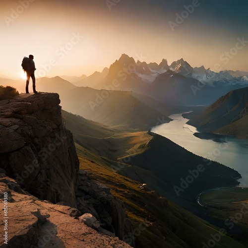 A hiker standing on a rocky ledge, overlooking a vast mountain range with a winding trail leading into the distance.