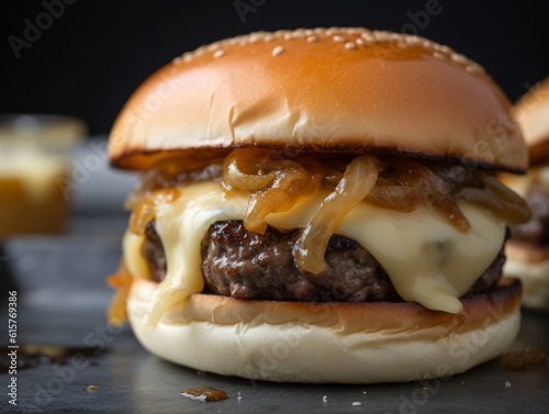 A close-up shot of a gourmet beef burger topped with melted cheese, caramelized onions, and a toasted bun. 