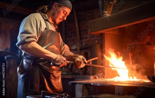 Photo The blacksmith forges a sword. Generative AI