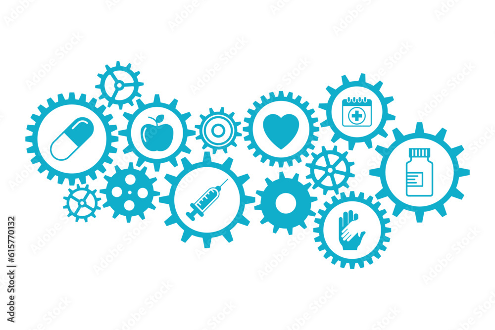 Healthcare and medicine concept with gears. Gears inphographics. Cog wheel connection. Healthcare and medicine concept with gears. Gears inphographics. Cog wheel connection.