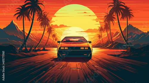 sunset on the beach in the car, palm, tropical, sky, sun