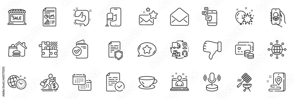 Icons pack as Food delivery, Place and Compliance line icons for app include Communication, Supply chain, Puzzle game outline thin icon web set. Dislike hand, International globe. Vector