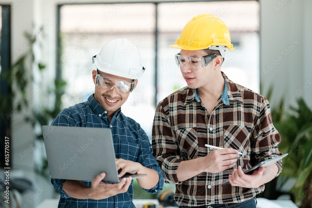 Two engineers discussion and planning about project. Brainstorming of engineers. Construction engineering conceptual. Three architects in office and discussing project.