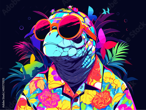 An image of a turtle sporting sunglasses and a Hawaiian shirt