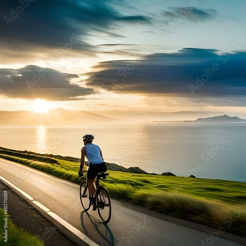 A cyclist pedaling along a scenic coastal road, with the ocean on one side and lush greenery on the other