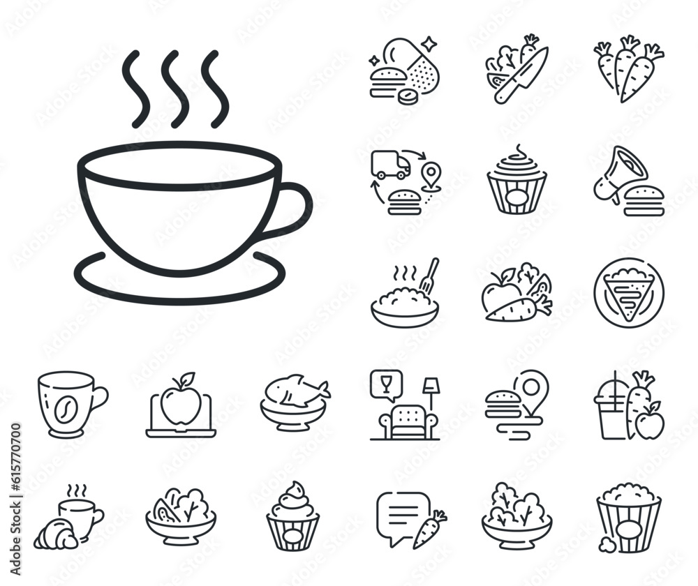 Hot cup sign. Crepe, sweet popcorn and salad outline icons. Coffee drink line icon. Fresh beverage symbol. Cappuccino line sign. Pasta spaghetti, fresh juice icon. Supply chain. Vector