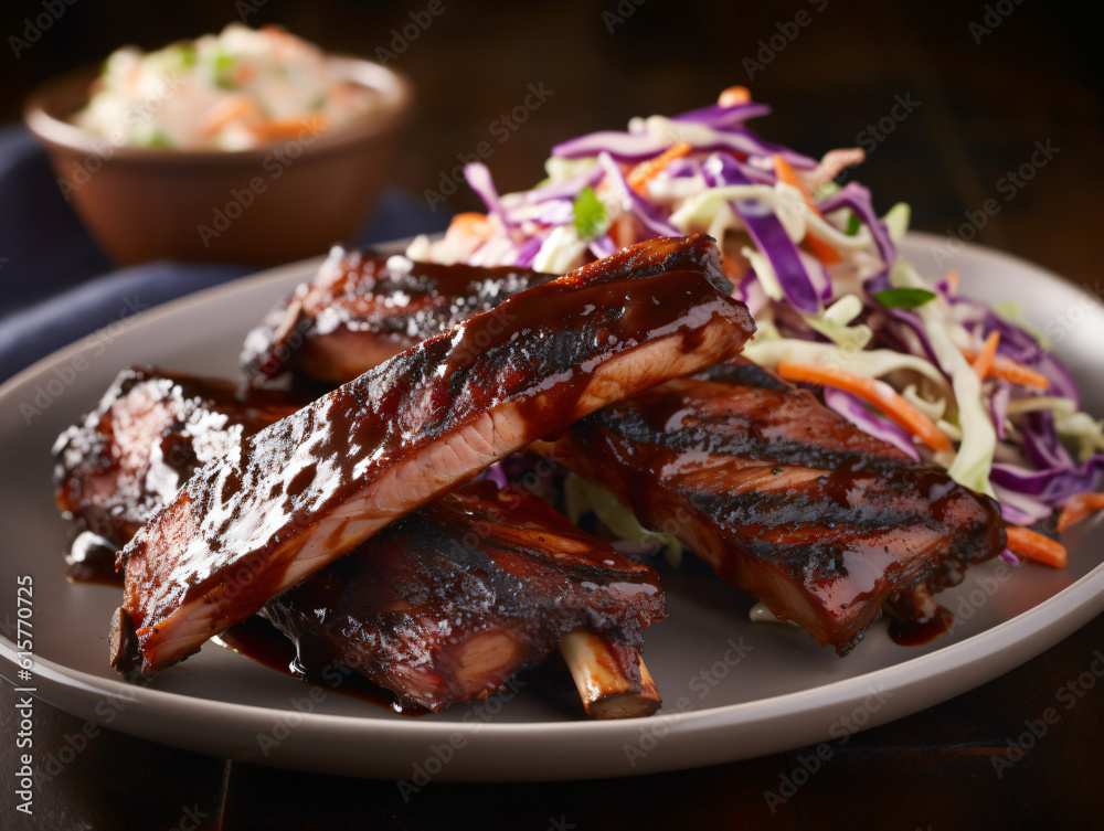 A plate of juicy BBQ ribs slathered in a tangy and sticky sauce, served with coleslaw. A plate of juicy BBQ ribs slathered in a tangy and sticky sauce, served with coleslaw.