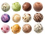 Ice cream scoop ball on transparent background cutout, top view. PNG file. Many assorted different flavour Mockup template for artwork design.