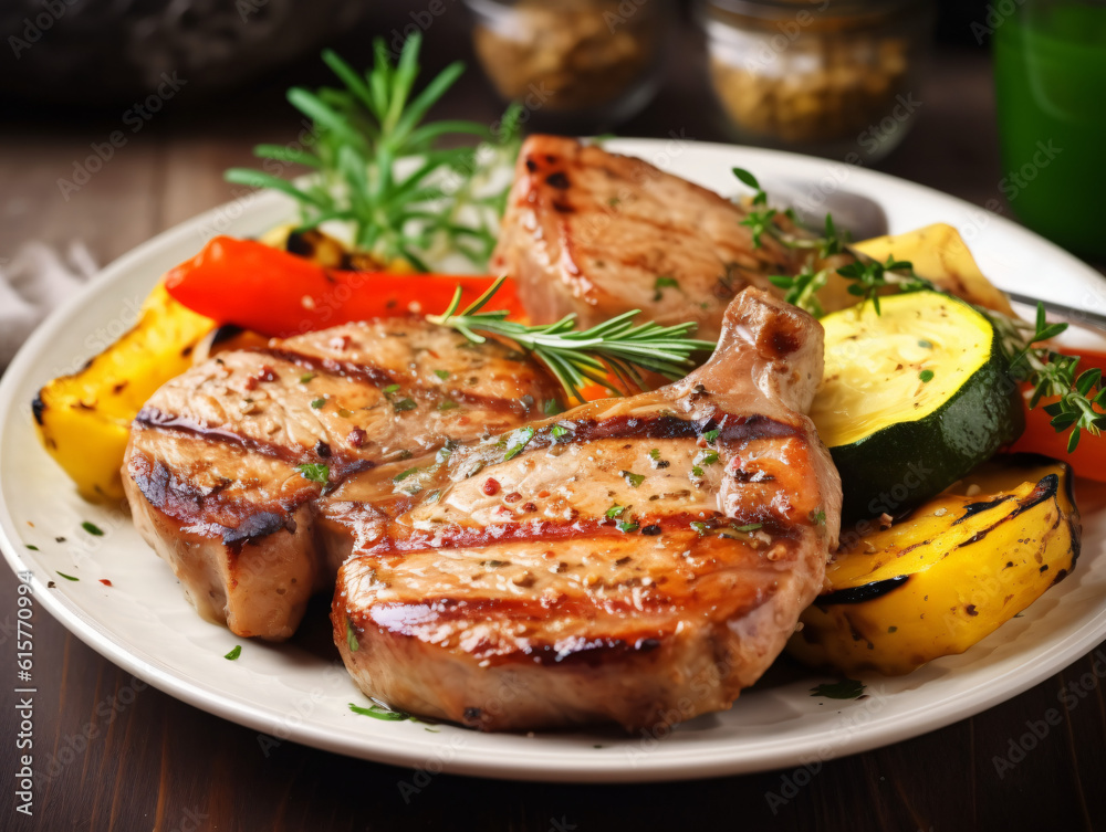 A plate of tender and juicy grilled pork chops, seasoned with herbs and served with grilled vegetables. A plate of tender and juicy grilled pork chops, seasoned with herbs and served with grilled vegetables.