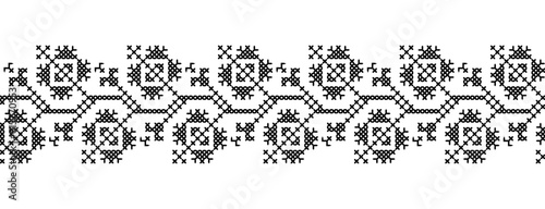 Ukrainian dog-rose, brier embroidery border pattern in black color. Pixel art, vyshyvanka, cross stitch. Ukrainian ethnic, folk vector border pattern, ornament, print