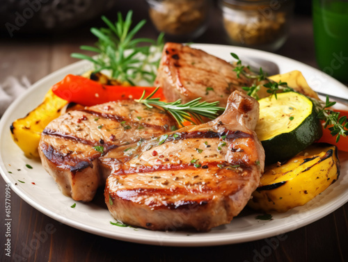 A plate of tender and juicy grilled pork chops, seasoned with herbs and served with grilled vegetables.