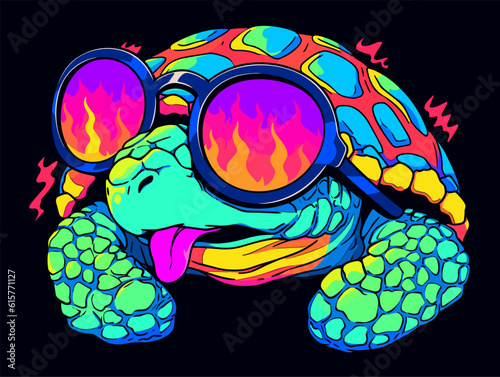 a turtle creature with hip sunglasses and an eccentric shell pattern