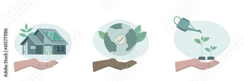 Eco friendly sustainable, Set of caring characters hands holding earth, Smart Eco House and plant a tree, preservation of ecology of planet, 
climate change problem concepts, Vector illustration.