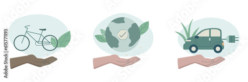 Eco friendly sustainable, Set of caring characters hands holding earth, Use bicycle and Electric car, preservation of ecology of planet, climate change problem concepts, Vector illustration.