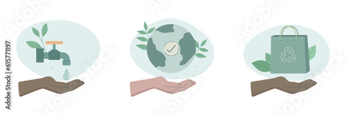 Eco friendly sustainable, Set of caring characters hands holding earth, Saving water and bio packaging, preservation of ecology of planet, climate change problem concepts, Vector illustration.
