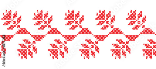 Ukrainian hop wavy vector ornament, seamless border. Ukrainian folk, ethnic geometric embroidery. Ornament in red color. Pixel art, vyshyvanka, cross stitch