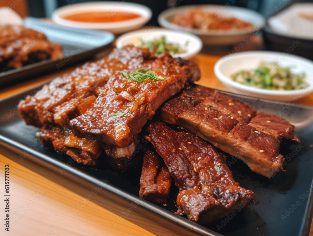 A platter of spicy and aromatic Korean BBQ short ribs, known as Galbi, with a side of kimchi.