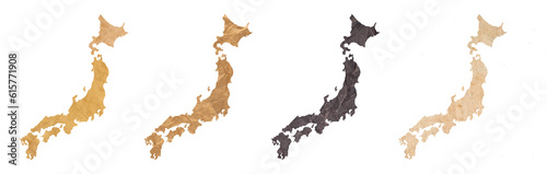 set of maps of Japan on old dark and brown crumpled grunge papers
