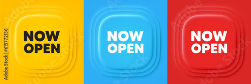 Now open tag. Neumorphic offer banners. Promotion new business sign. Welcome advertising symbol. Now open podium background. Product infographics. Vector