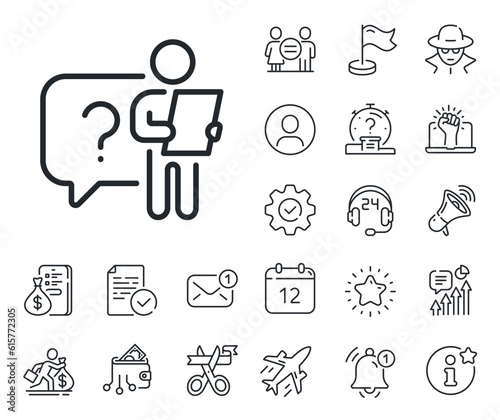 Interview candidate sign. Salaryman, gender equality and alert bell outline icons. Search employee line icon. Question mark symbol. Search employee line sign. Spy or profile placeholder icon. Vector