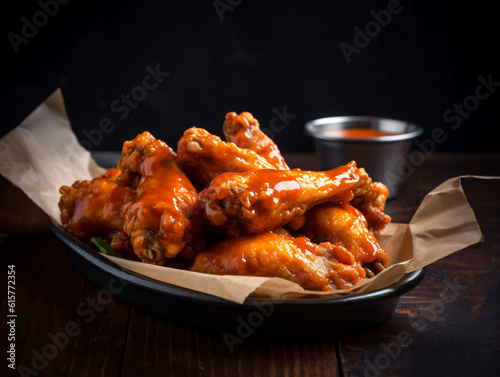 A tray of delicious buffalo chicken wings, crispy and coated in spicy sauce.