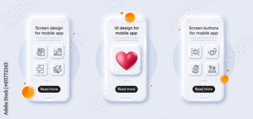Online tax, Eye detect and Money change line icons pack. 3d phone mockups with heart. Glass smartphone screen. Eye drops, Ab testing, Molybdenum mineral web icon. Vector