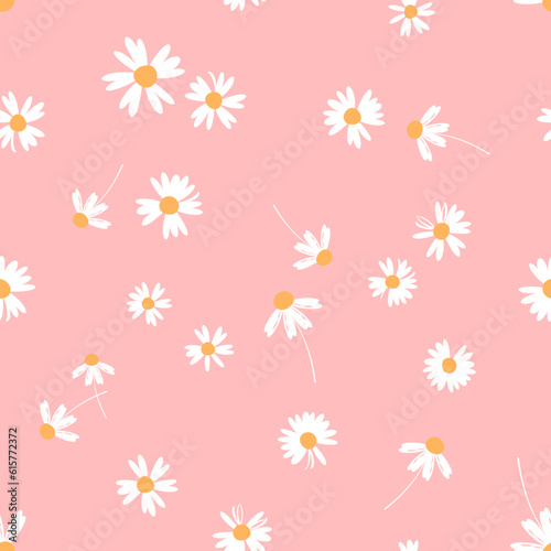 Seamless pattern with daisy flower on pink background vector illustration. Cute floral print.