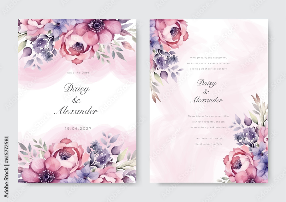 Soft purple rose flower flora beautiful and elegant floral wedding invitation card template