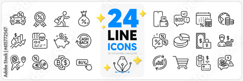 Icons set of Saving money, Loan and Private payment line icons pack for app with Market sale, Car leasing, Rise price thin outline icon. Stress, Annual tax, Update data pictogram. Vector