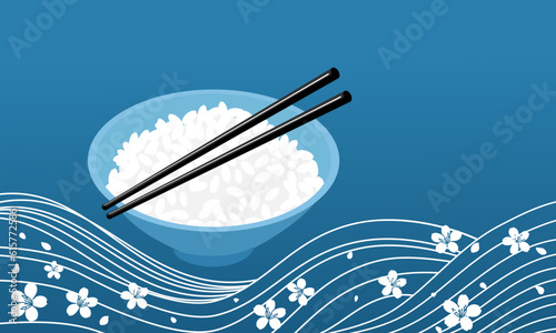 Rice bowl with chopsticks and Cherry blossom Sakura flower on blue wave background vector.