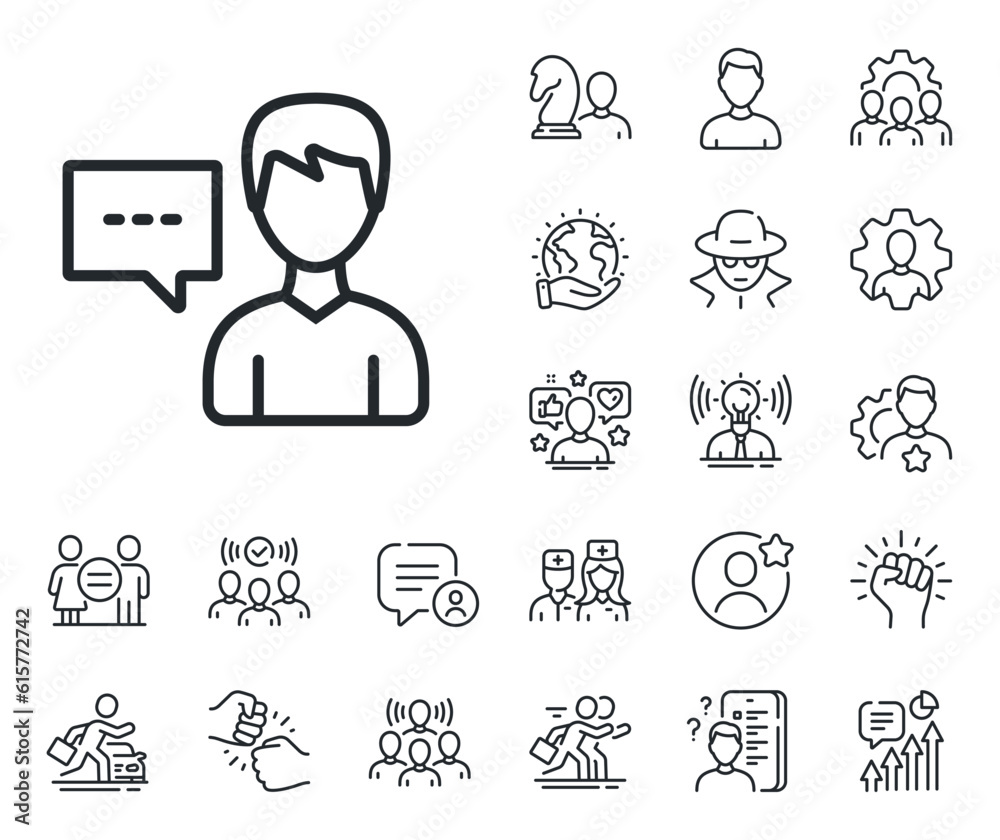 Male Person with chat speech bubble sign. Specialist, doctor and job competition outline icons. User communication line icon. Human silhouette symbol. Person talk line sign. Vector