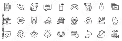 Icons pack as Sconce light  Smile chat and Gas grill line icons for app include Fitness  Online job  Food delivery outline thin icon web set. Stars  Photo album  Timer pictogram. Get box. Vector